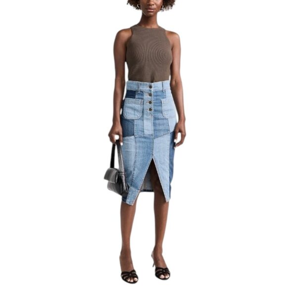 Ramy Brook Bellami Patchwork Denim Midi Skirt Size 23 - Picture 1 of 7